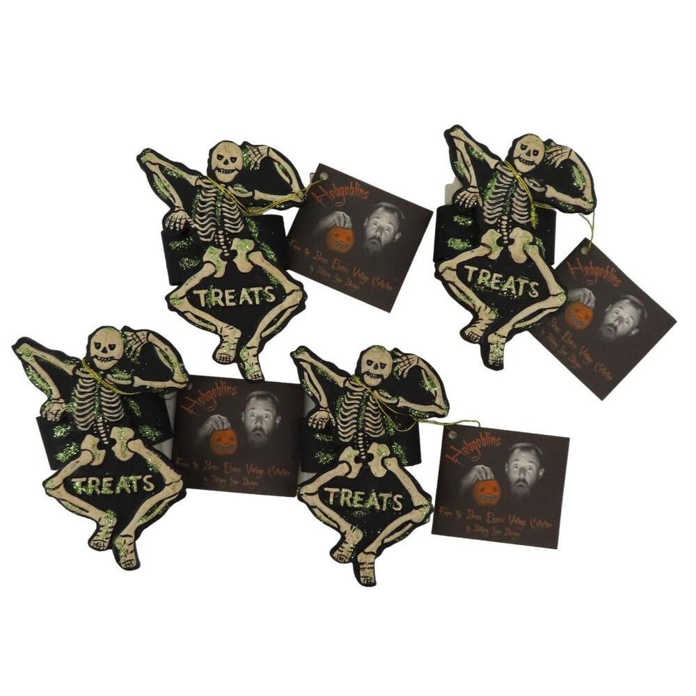 Bethany Lowe Set 4 Hobgoblins Bruce Elsass Skeleton Glittered Napkin Rings NEW